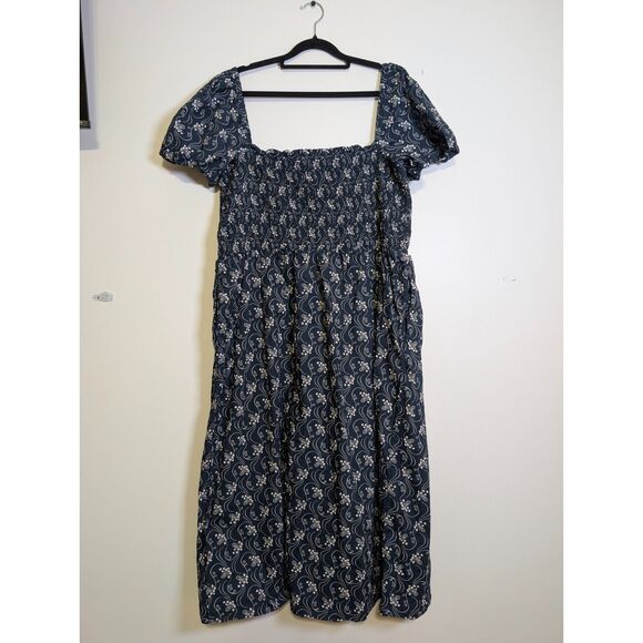 J. Crew XXL Starry Swirl Organic Cotton Smocked Midi Dress Pockets Whimsigoth - Picture 2 of 9